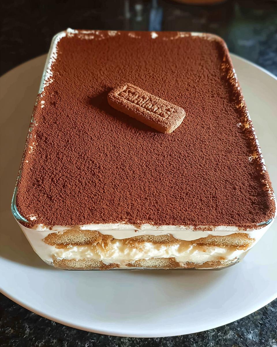 A delicious Biscoff Tiramisu in a glass dish, topped with cocoa powder and a single Biscoff cookie.