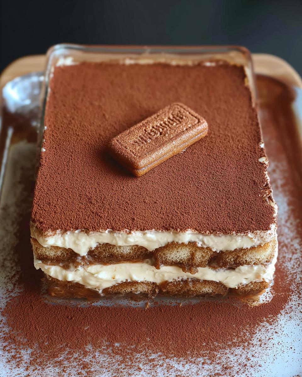 A rectangular Biscoff Tiramisu dessert dusted with cocoa powder and topped with a Biscoff cookie.