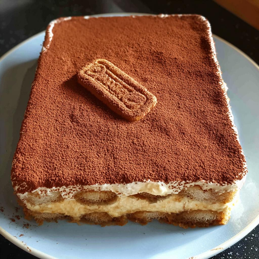 A delightful Biscoff Tiramisu dessert dusted with cocoa powder and topped with a Biscoff cookie.