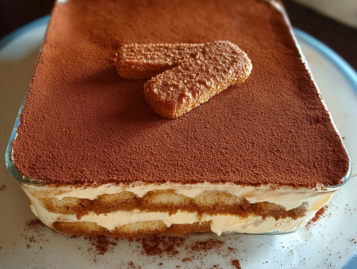 A close-up of a Biscoff Tiramisu dessert in a glass dish, dusted with cocoa powder and topped with two Biscoff cookies.