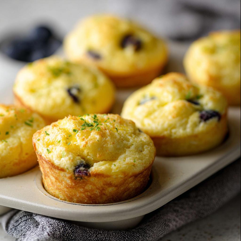 Close-up of freshly baked Blueberry and Lemon Zest Cottage Cheese Bites in a muffin tin, sprinkled with herbs.