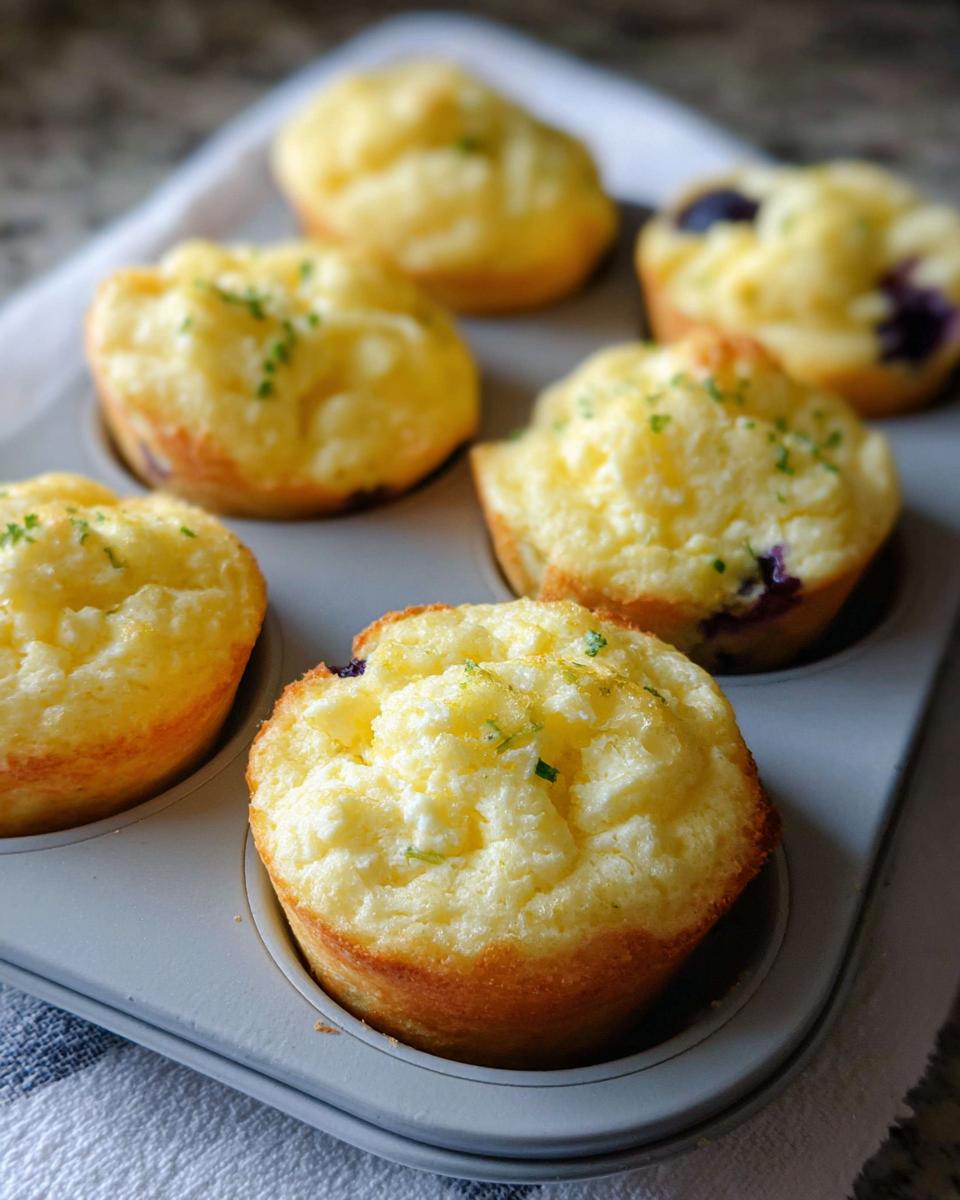 Six golden-brown Blueberry and Lemon Zest Cottage Cheese Bites baked in a muffin tin, topped with fresh herbs.