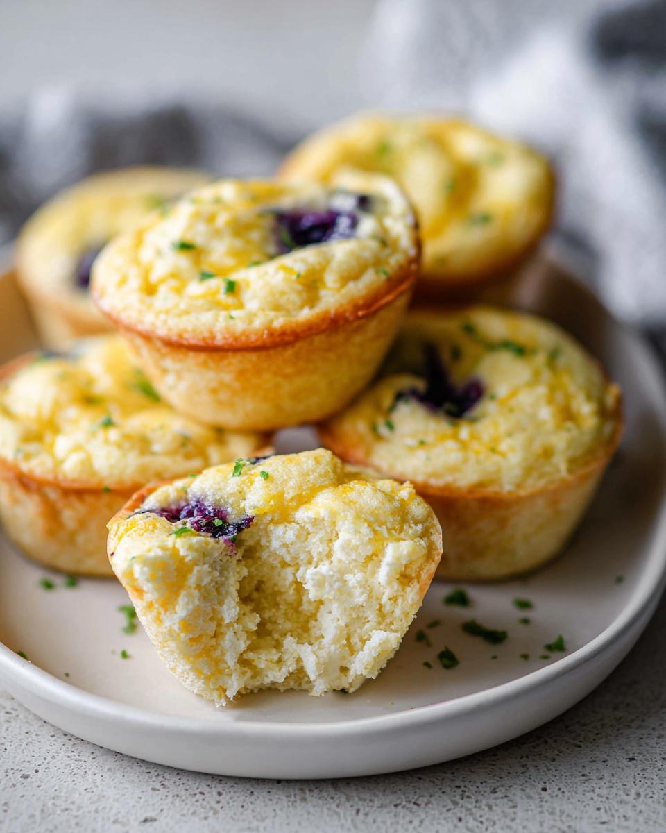 Close-up of Blueberry and Lemon Zest Cottage Cheese Bites on a plate, one with a bite taken out.
