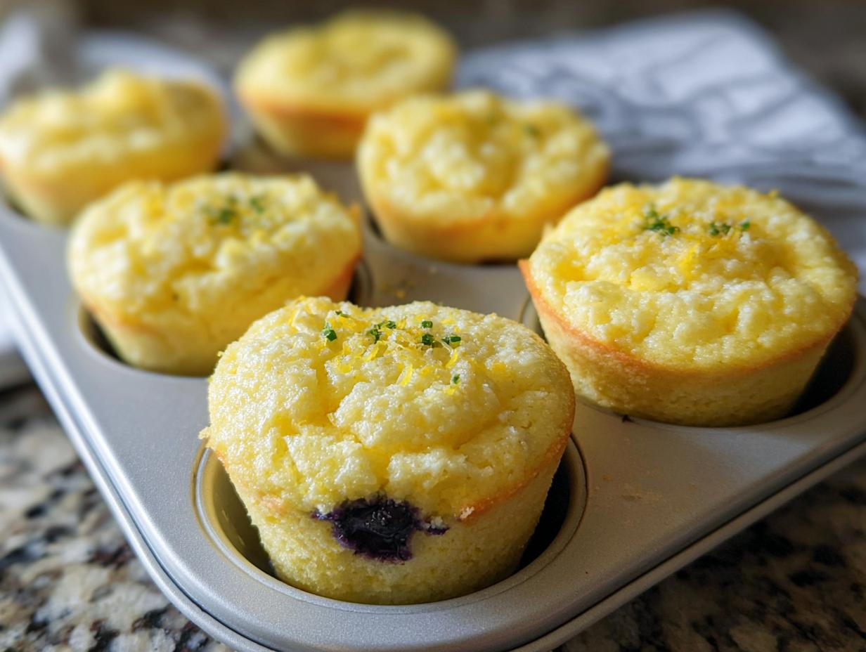Close-up of freshly baked Blueberry and Lemon Zest Cottage Cheese Bites in a muffin tin, topped with lemon zest.