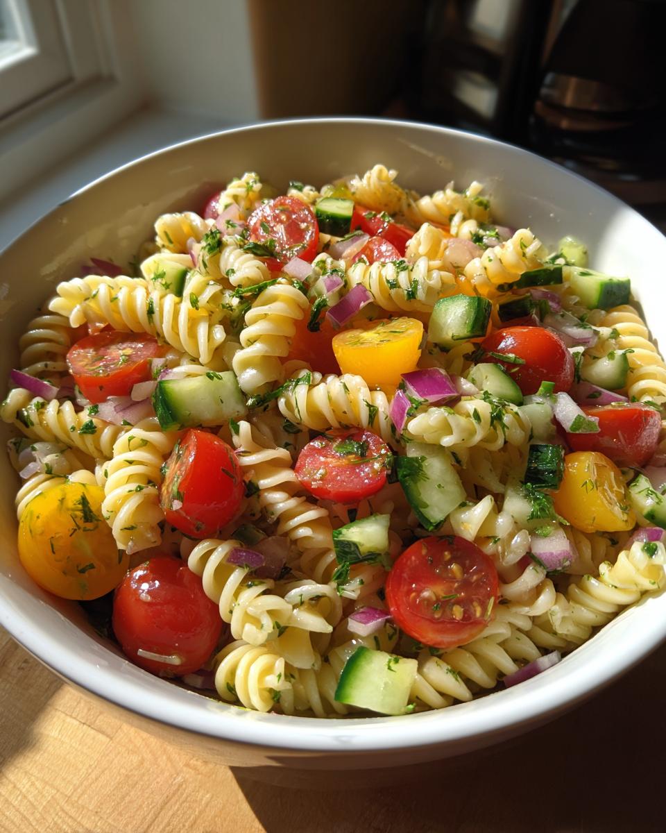 A vibrant bowl of rotini pasta salad with cherry tomatoes, cucumber, red onion, and fresh herbs.