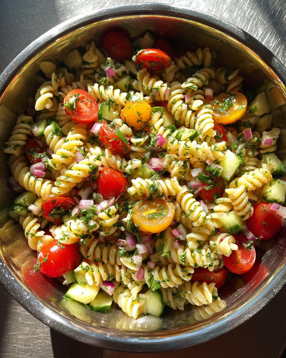A vibrant bowl of pasta salad with fusilli pasta, cherry tomatoes, cucumber, red onion, and fresh herbs.
