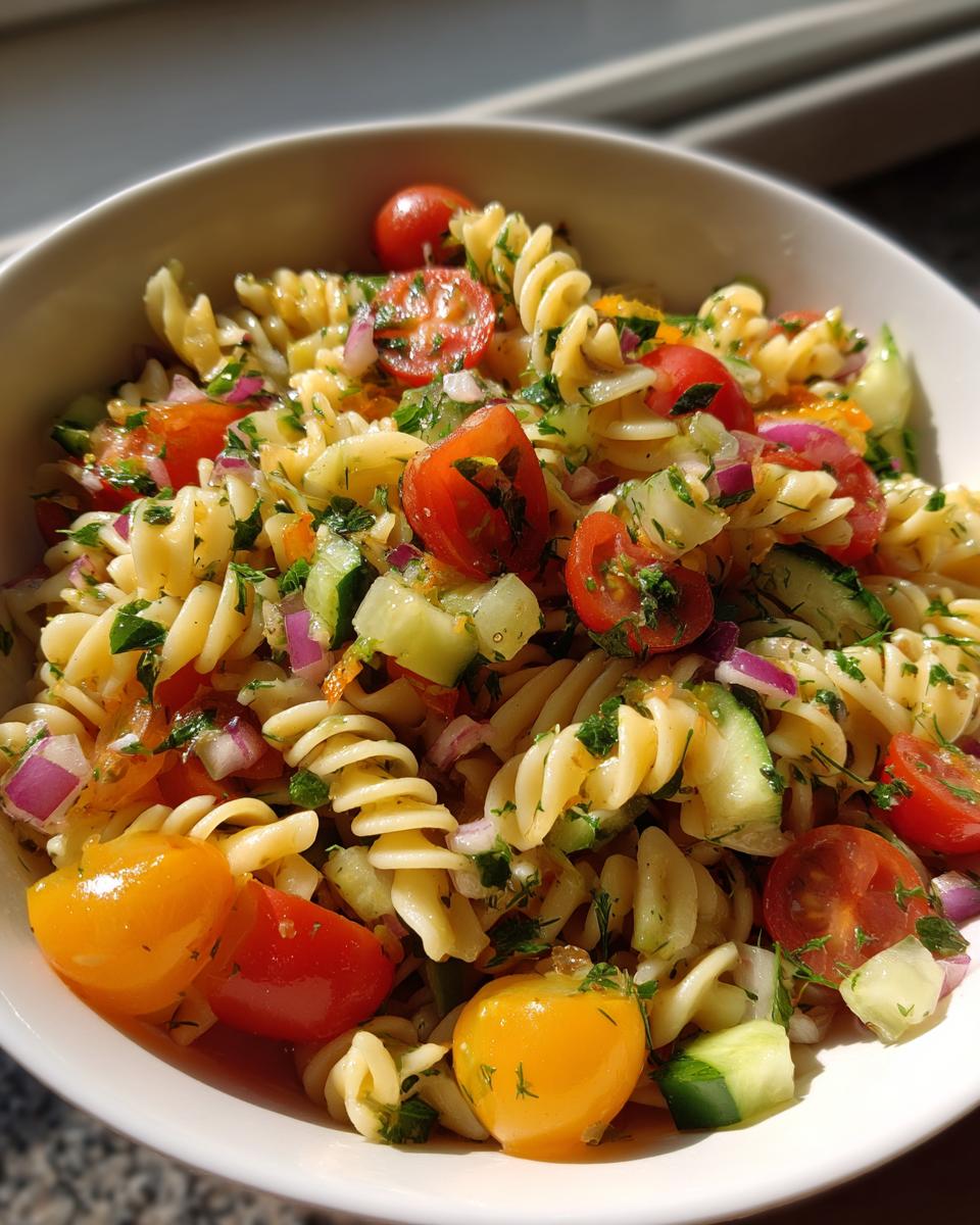 A vibrant bowl of pasta salad with cherry tomatoes, cucumber, red onion, and fresh herbs, perfect for summer salad recipes.
