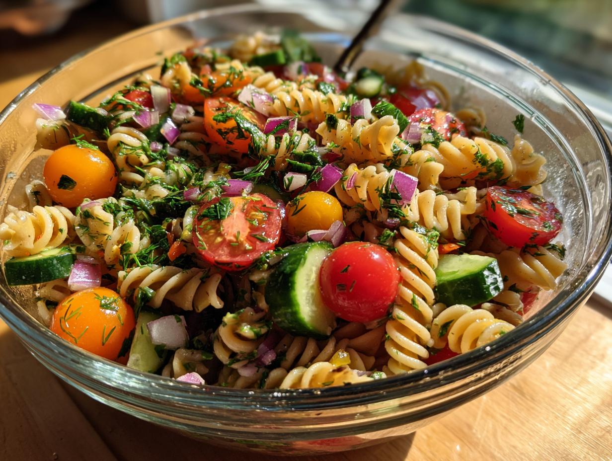 Close-up of a vibrant pasta salad with fusilli, cherry tomatoes, cucumber, red onion, and fresh herbs.