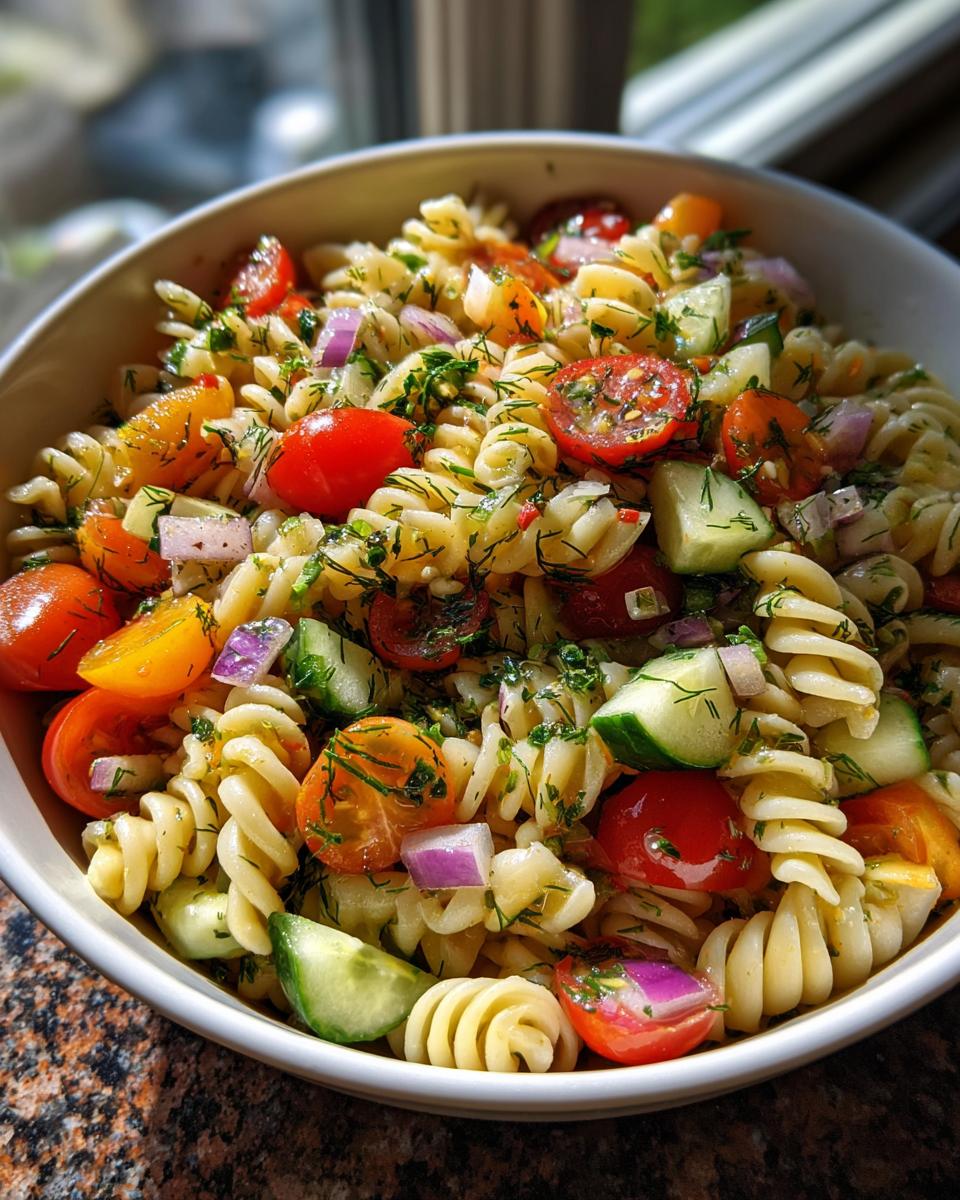 A vibrant bowl of pasta salad featuring fusilli pasta, cherry tomatoes, cucumber, red onion, and fresh herbs.