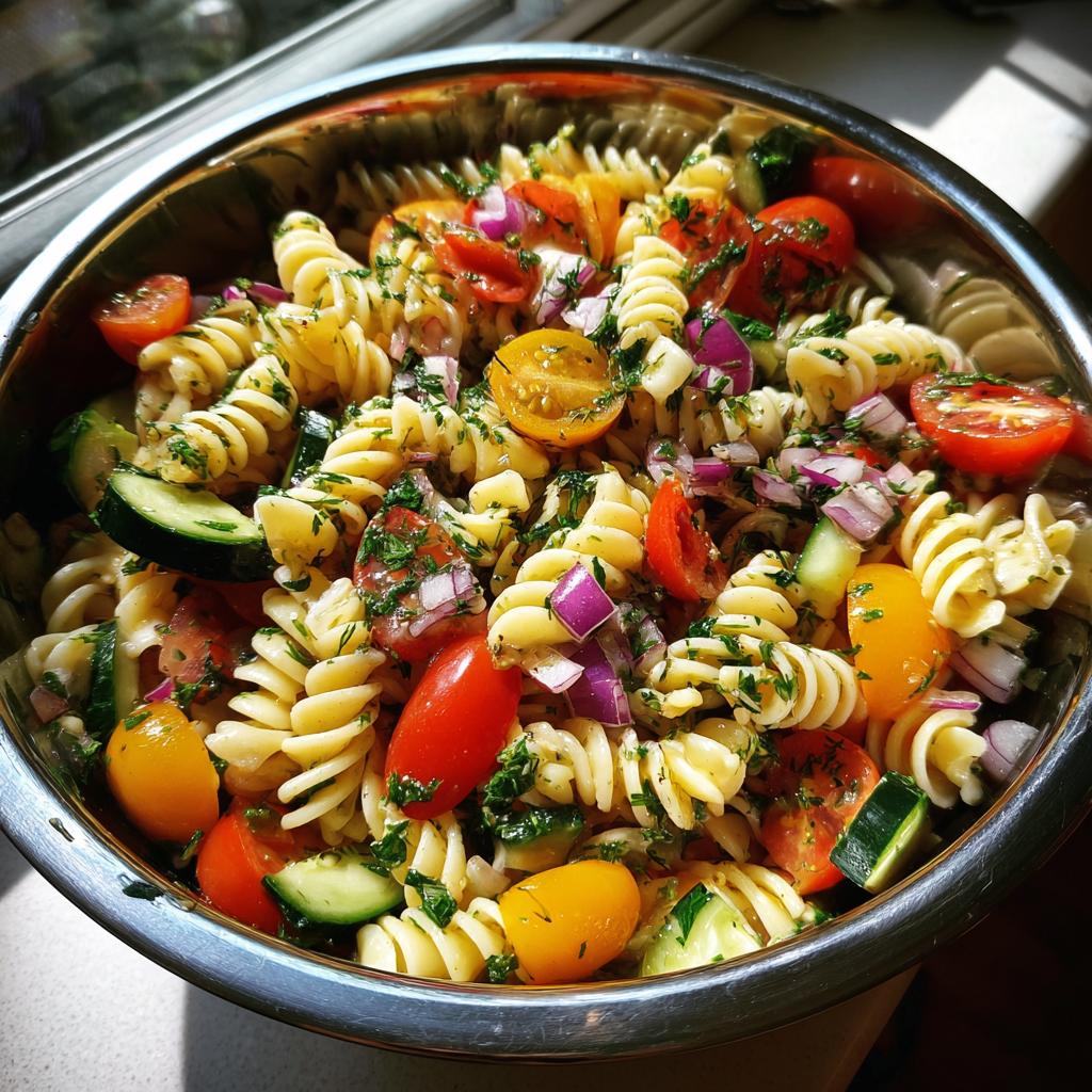 A vibrant bowl of pasta salad featuring fusilli pasta, cherry tomatoes, cucumber slices, red onion, and fresh herbs.