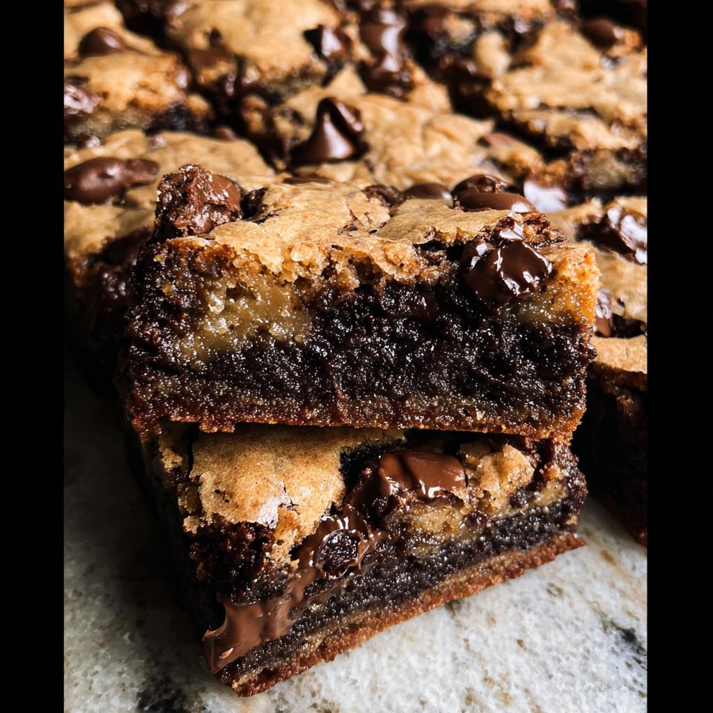 Close-up of stacked Brown Butter Brookies, showing rich chocolate brownie layers topped with chewy cookie dough and melted chocolate chips.