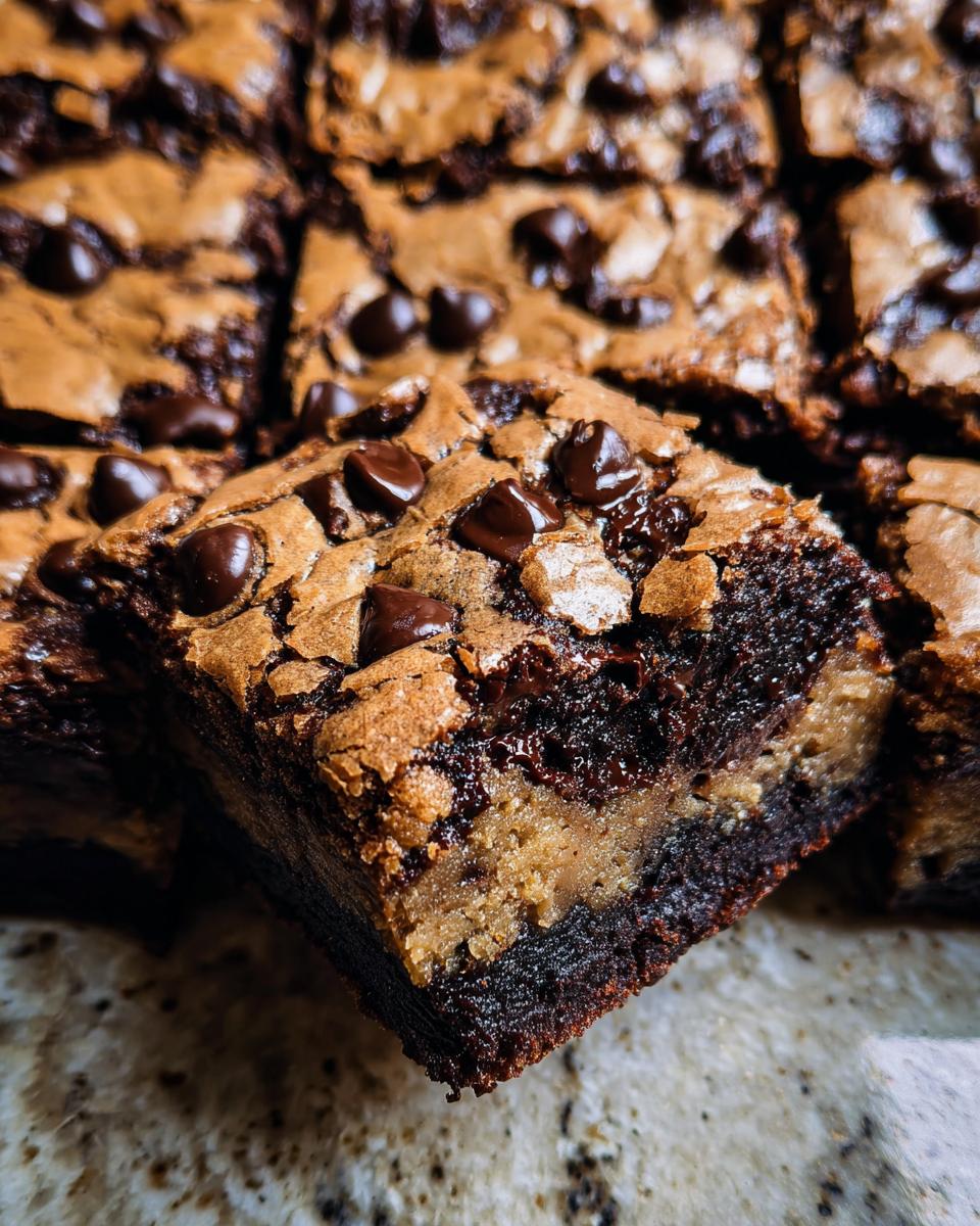 Close-up of a rich Brown Butter Brookie with layers of chocolate and cookie dough, studded with chocolate chips.