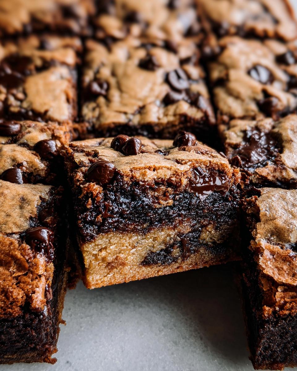 Close-up of a pan of freshly baked Brown Butter Brookies, showcasing the rich chocolate layer and chewy cookie topping.