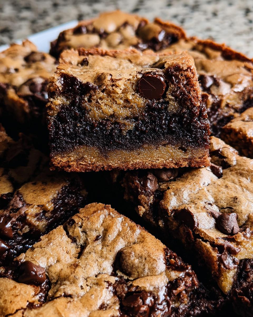 Close-up of layered Brown Butter Brookies, featuring a rich chocolate brownie base and a chewy cookie top with chocolate chips.