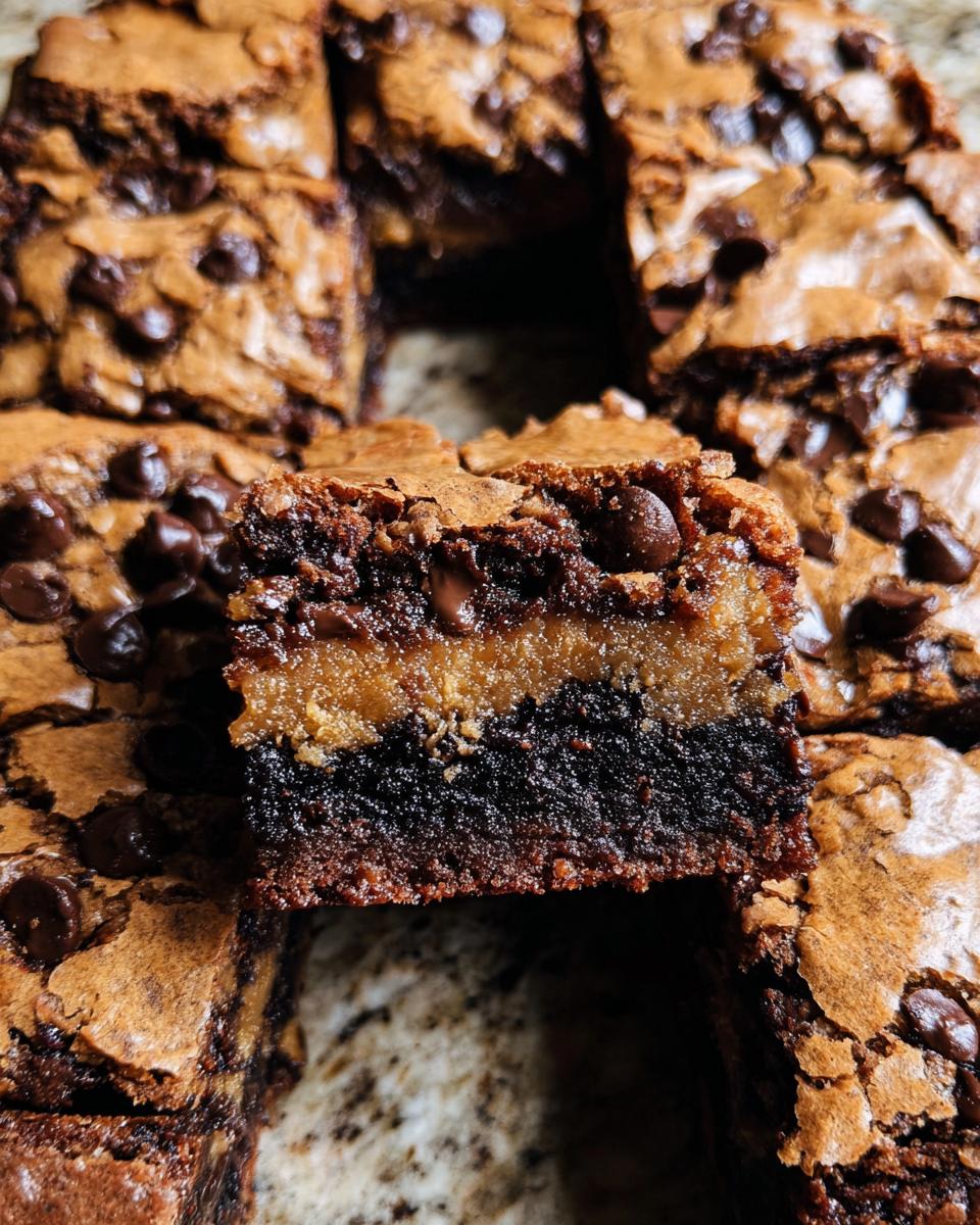 Close-up of a rich Brown Butter Brookie with a chewy cookie layer and chocolate chips.