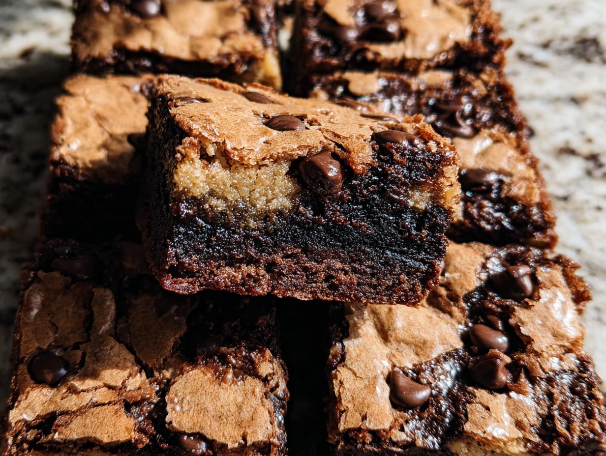 A close-up shot of rich, fudgy Brown Butter Brookies layered with a chewy cookie dough top and studded with chocolate chips.