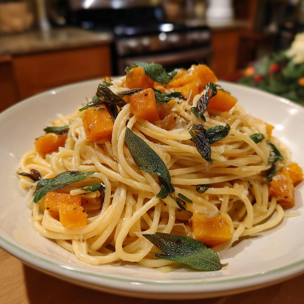 Close-up of spaghetti pasta with diced butternut squash and crispy sage leaves.