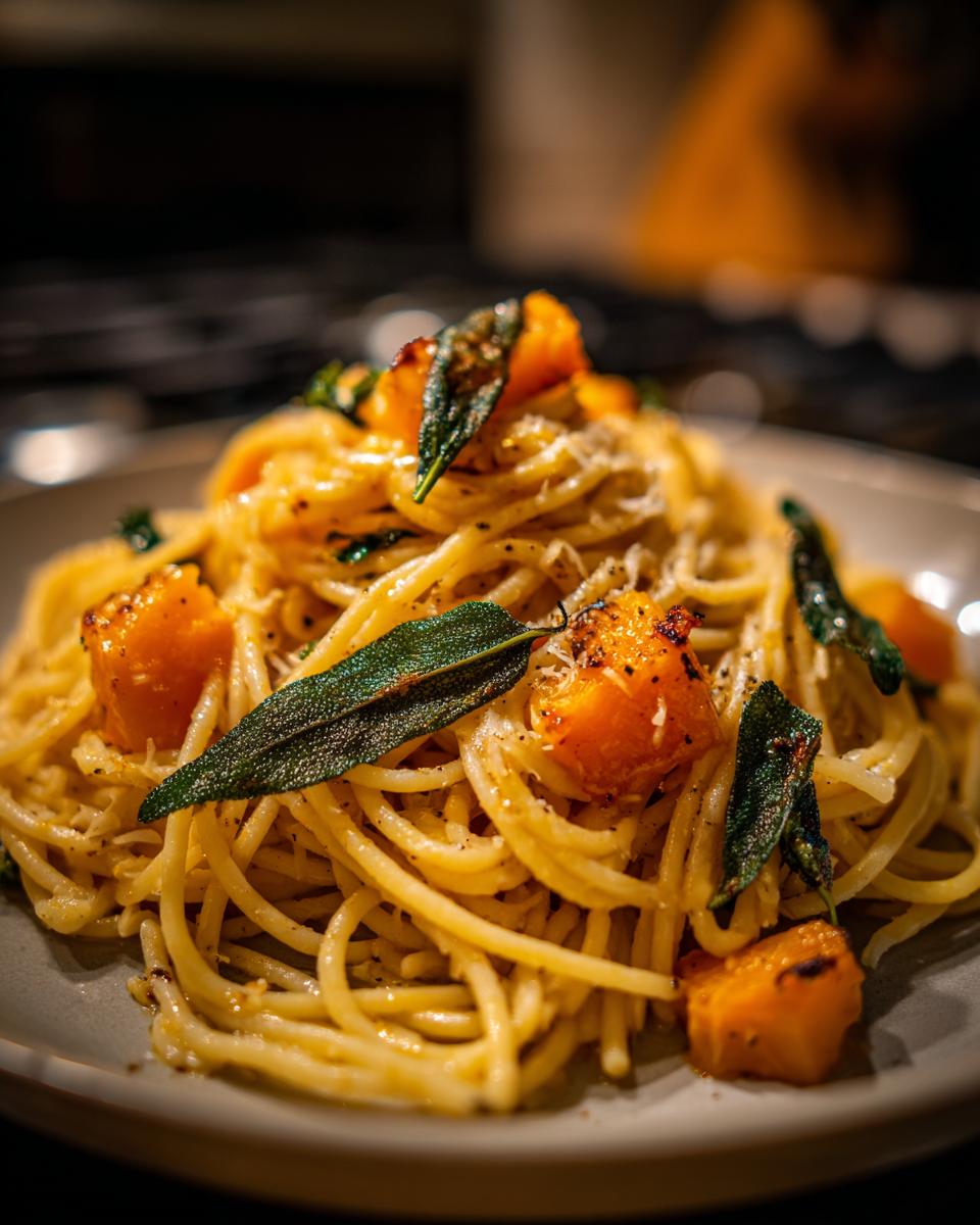 Close-up of a plate of spaghetti with roasted butternut squash cubes and crispy sage leaves.