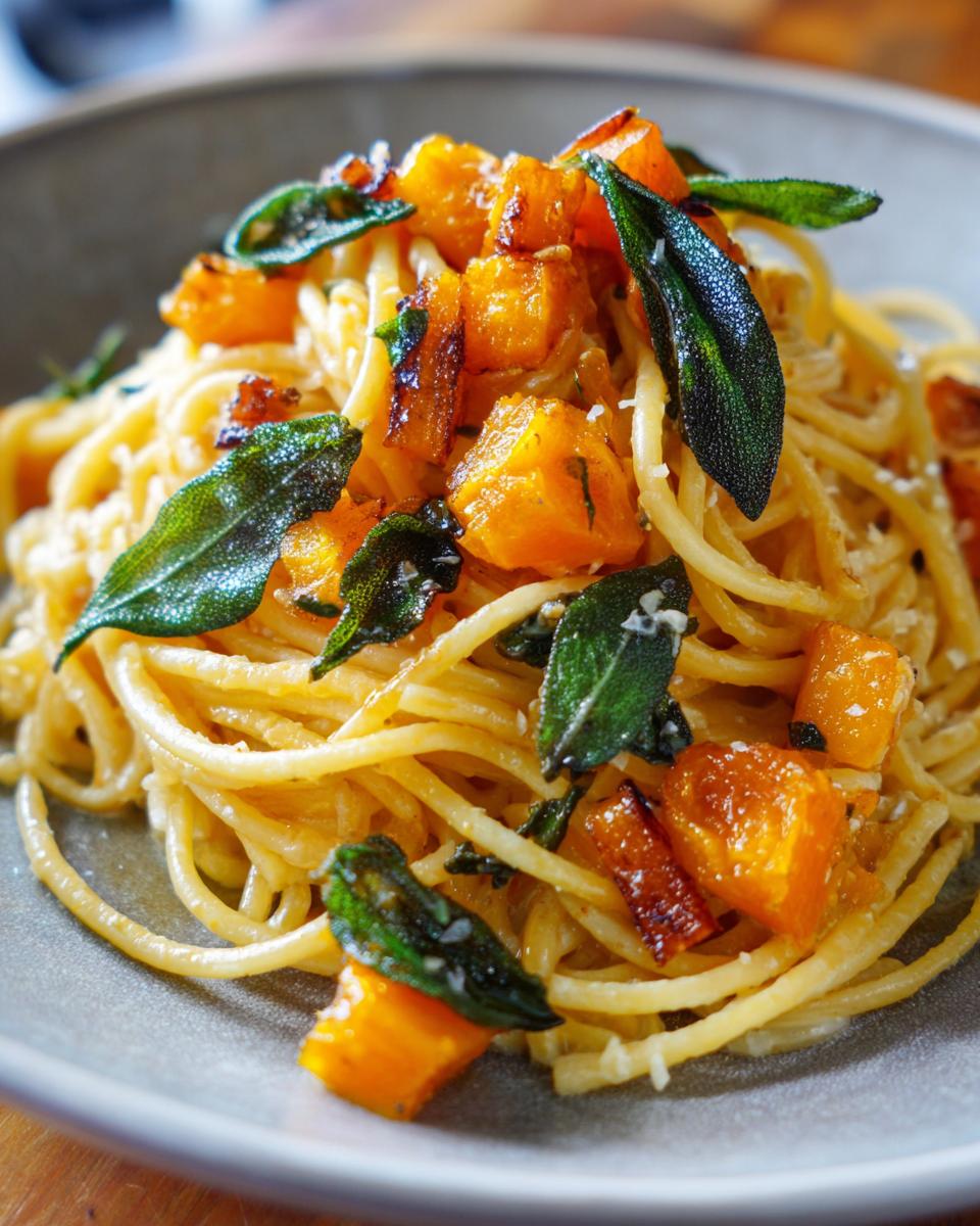 Close-up of spaghetti pasta with roasted butternut squash cubes and crispy sage leaves.