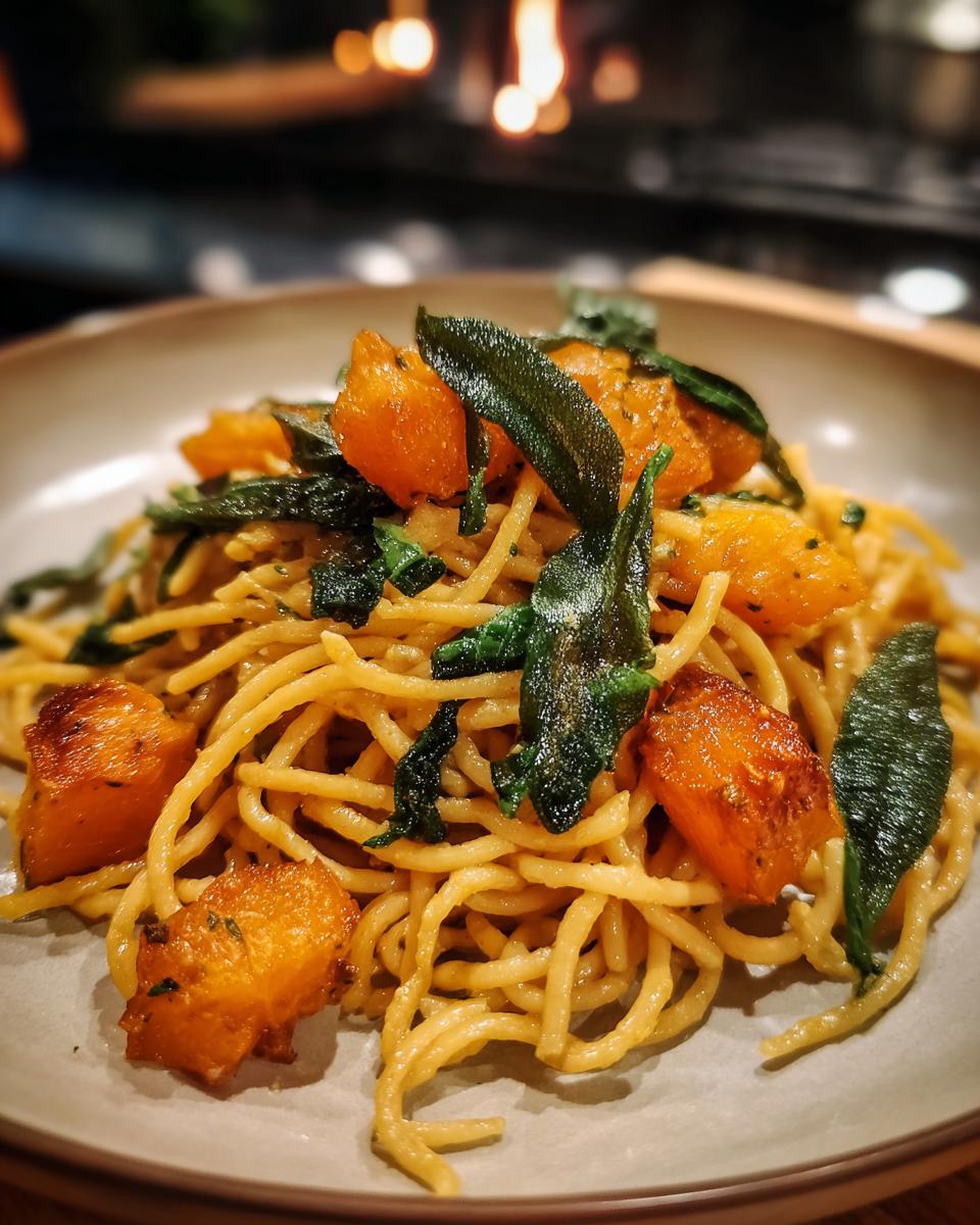 A close-up of spaghetti pasta with roasted butternut squash and crispy sage leaves.