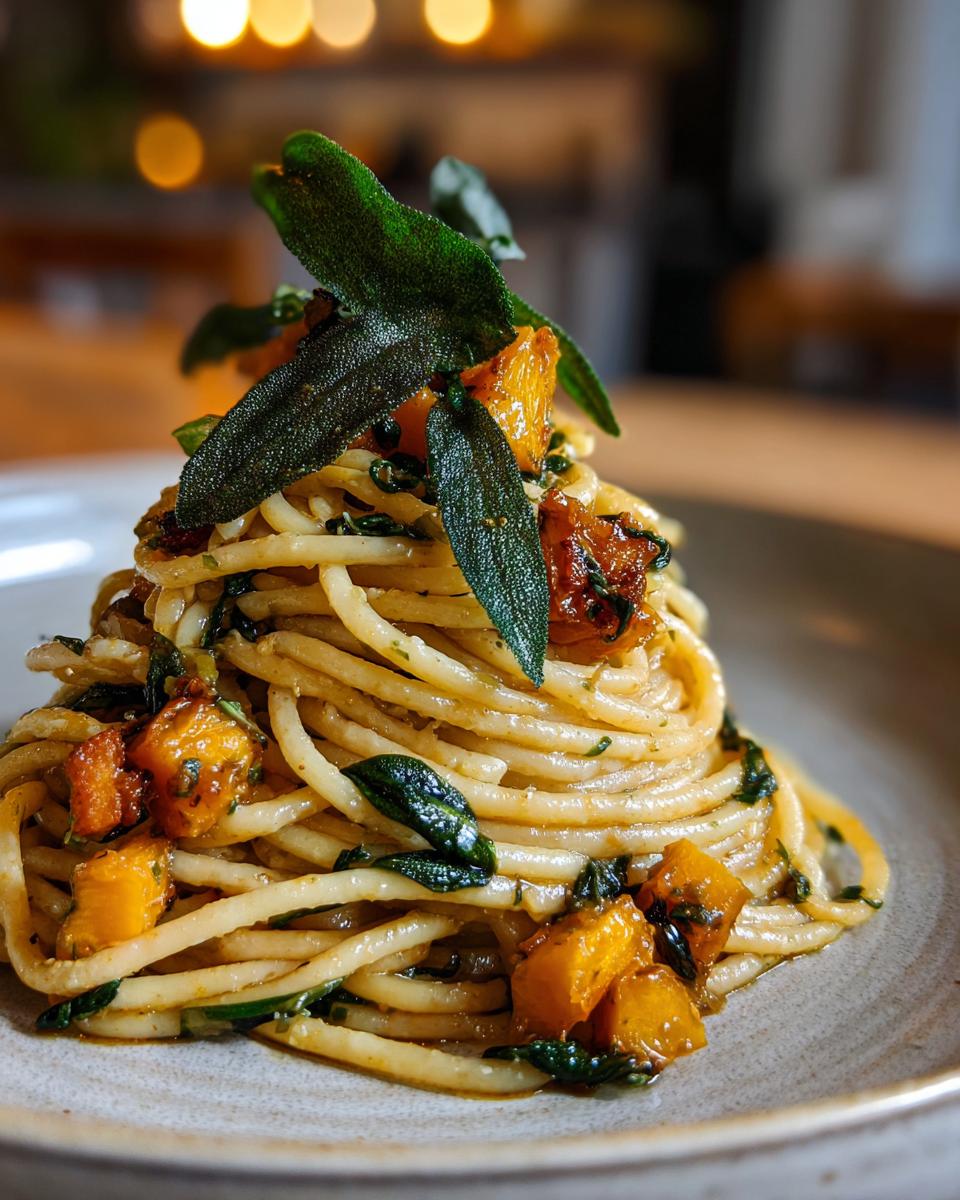 A close-up of a swirl of spaghetti tossed with butternut squash and crispy sage leaves.