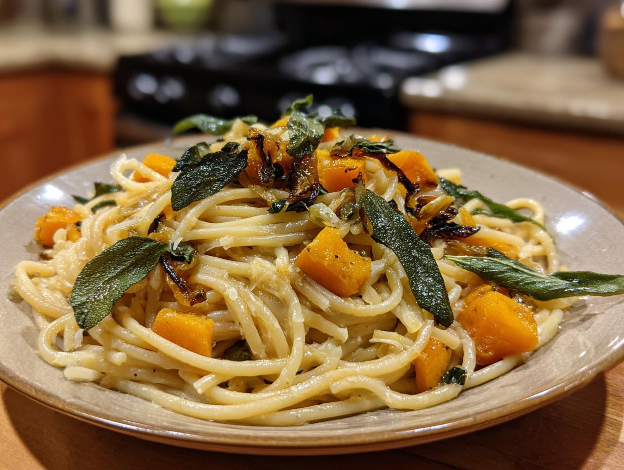 A close-up of a bowl of pasta with chunks of butternut squash and crispy sage leaves.