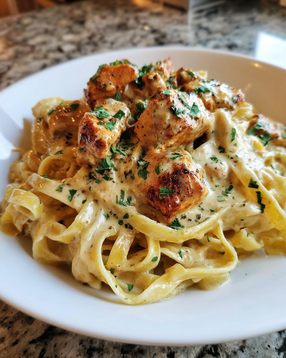 A close-up of fettuccine pasta coated in creamy Alfredo sauce, topped with seasoned Cajun chicken breast pieces and parsley.