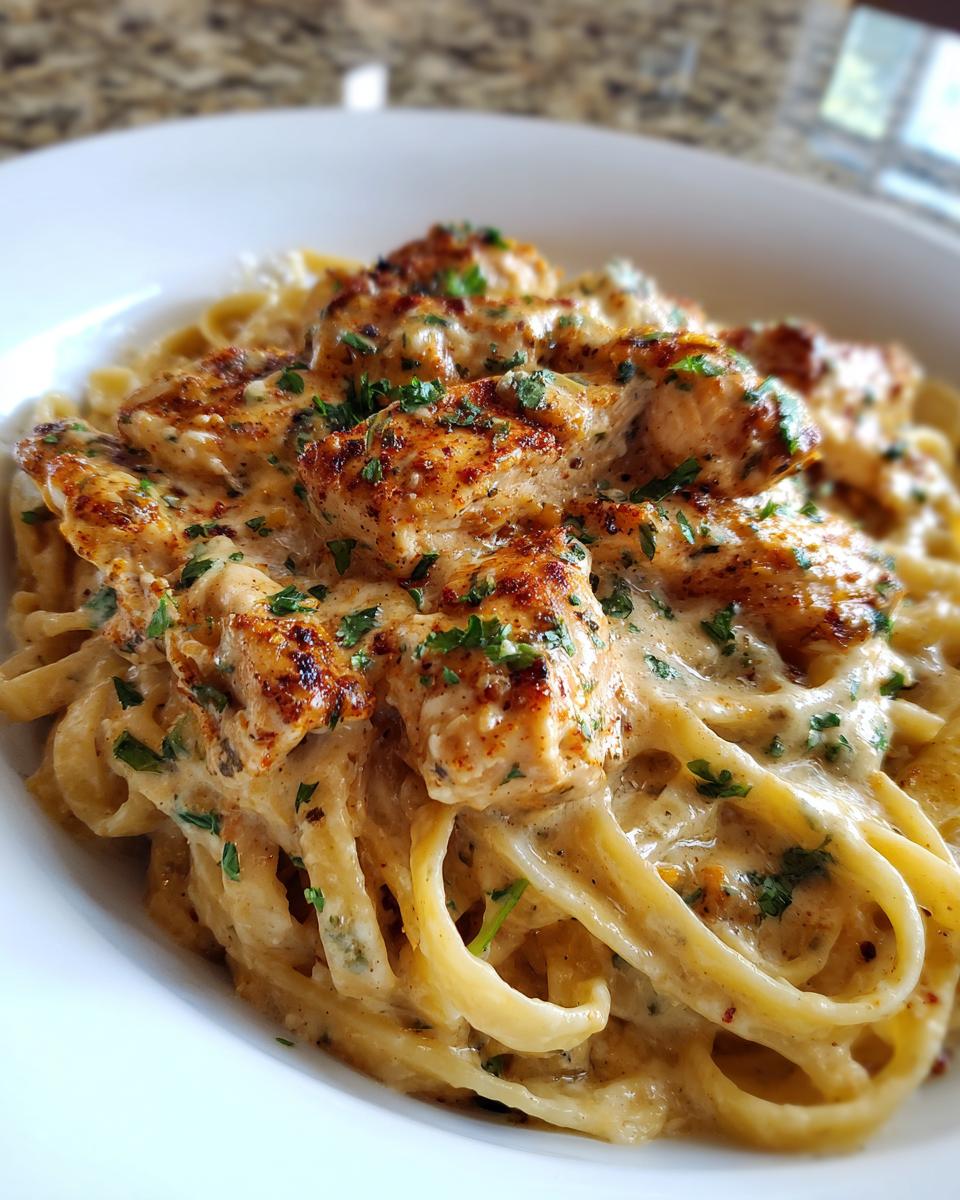 Close-up of creamy fettuccine pasta topped with seasoned Cajun chicken breast pieces and fresh parsley.