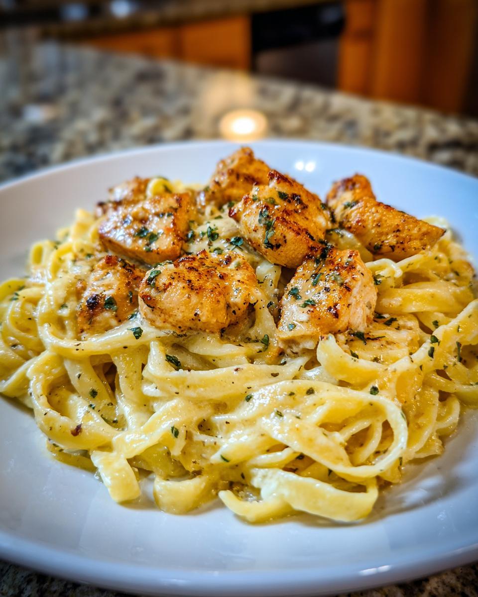A close-up of creamy fettuccine pasta topped with pan-seared Cajun chicken pieces and fresh parsley.