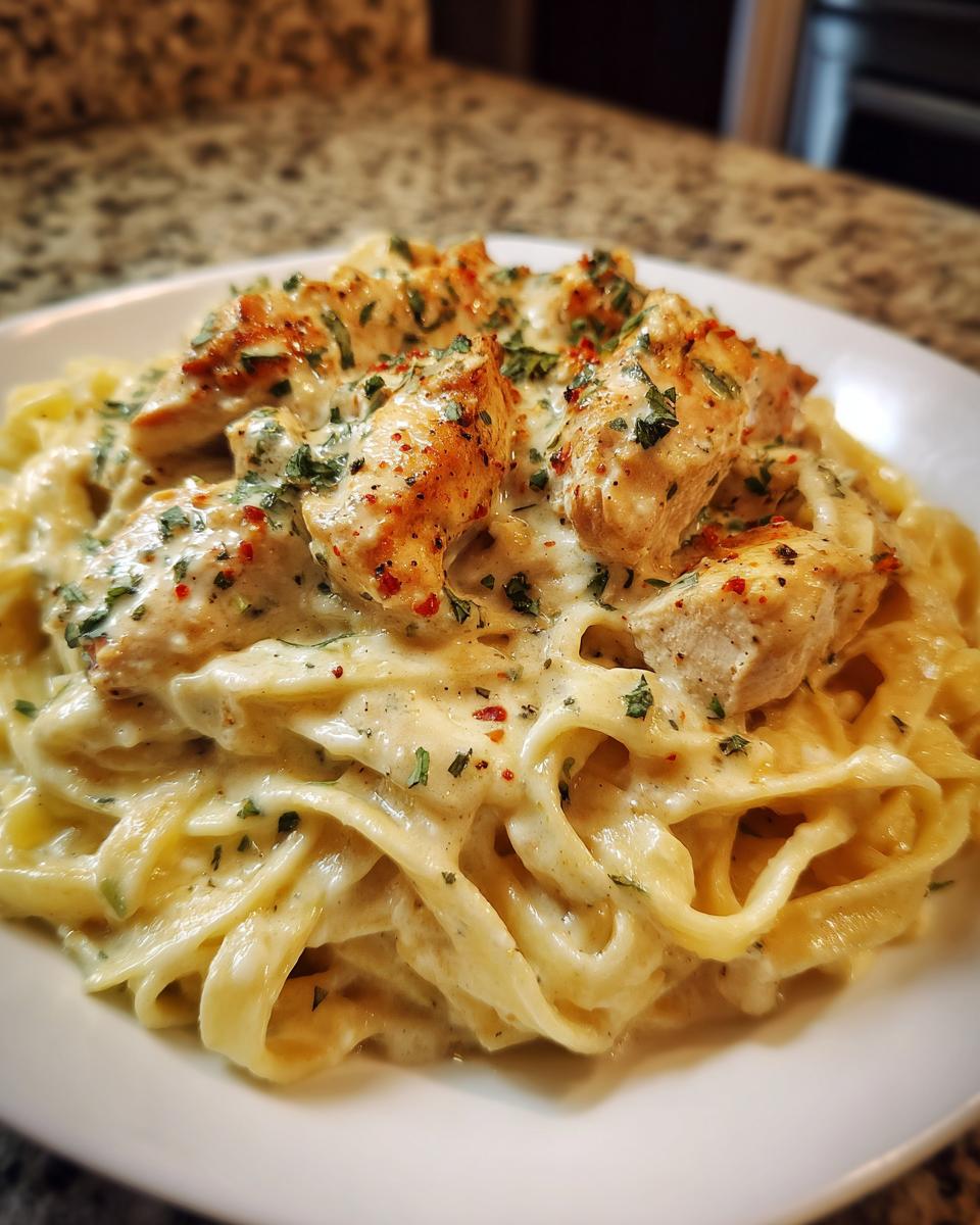A close-up of creamy fettuccine pasta topped with seasoned Cajun chicken breast pieces and fresh parsley.