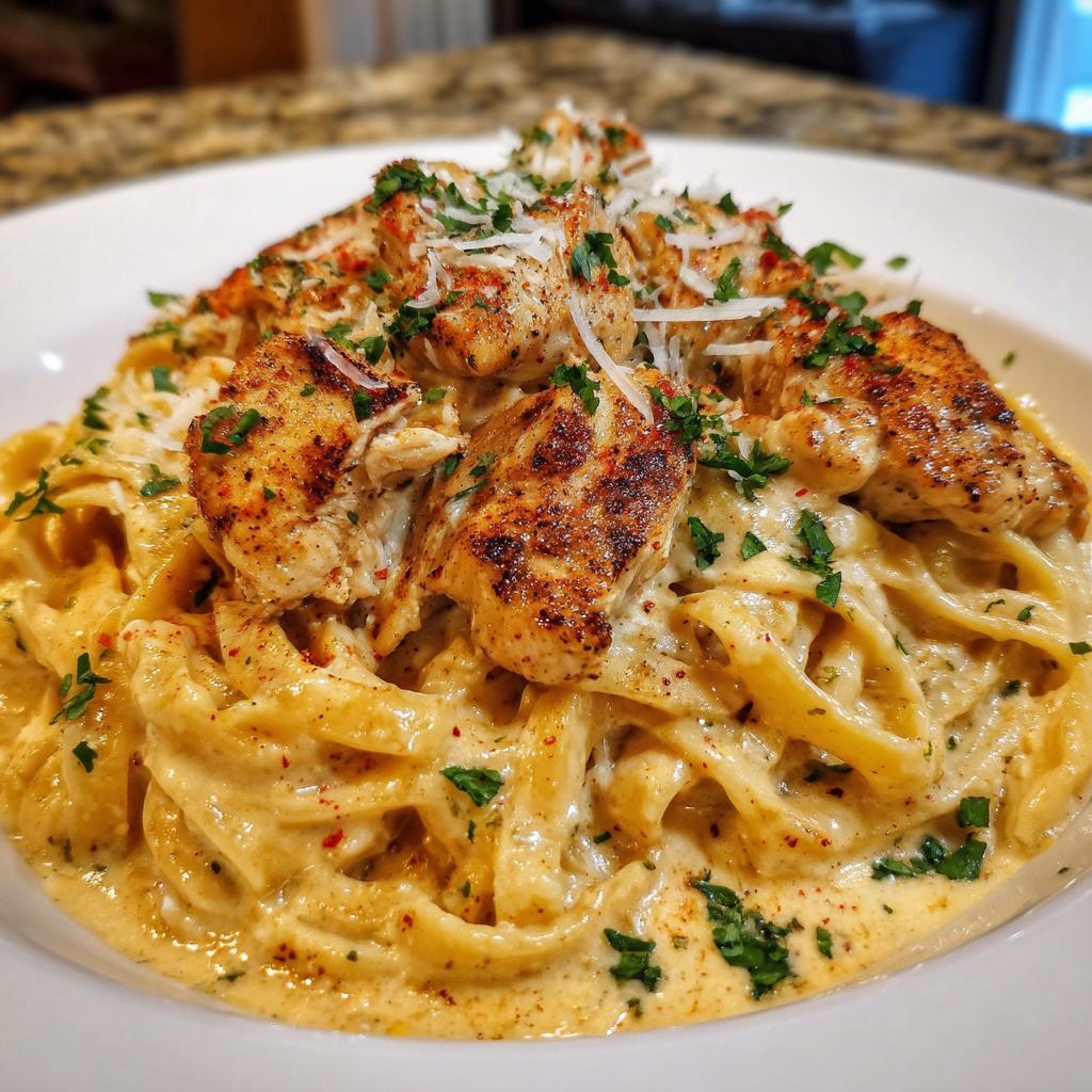 A close-up of creamy fettuccine pasta topped with seasoned Cajun chicken breast pieces and fresh parsley.