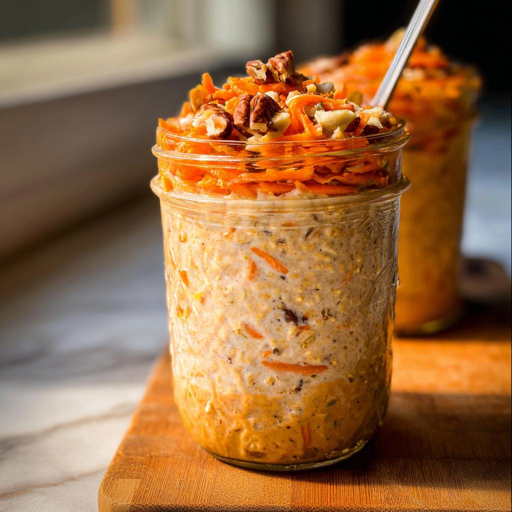 Close-up of Carrot Cake Overnight Oats in a mason jar, topped with shredded carrots and chopped nuts.