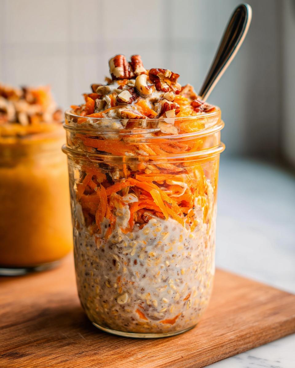 Close-up of Carrot Cake Overnight Oats in a mason jar, topped with shredded carrots and pecans.