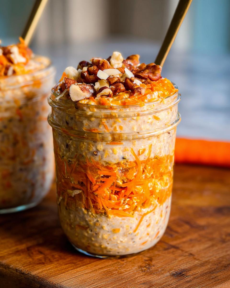 Close-up of Carrot Cake Overnight Oats in a mason jar, topped with nuts and shredded carrots.