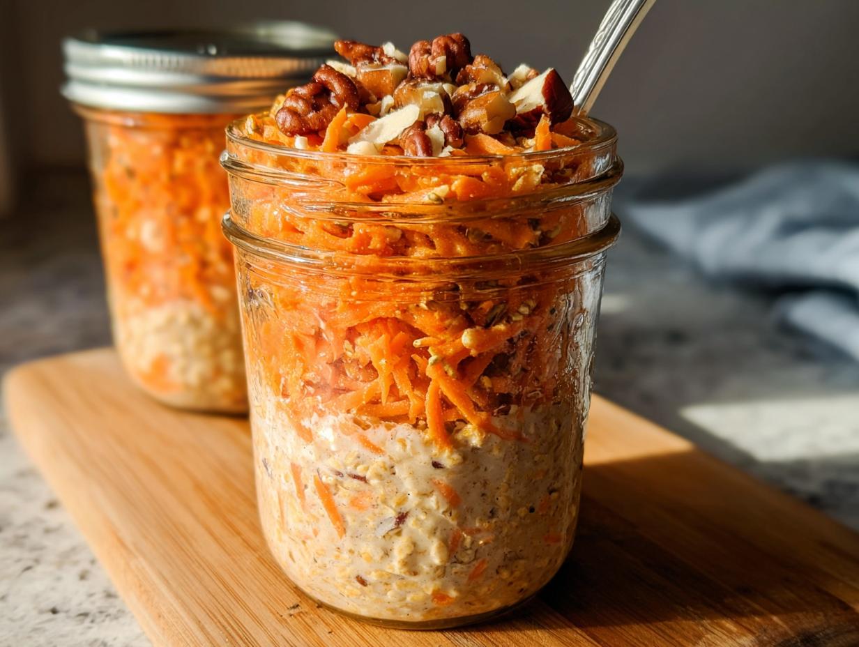 Close-up of Carrot Cake Overnight Oats in a mason jar, topped with shredded carrots and nuts.
