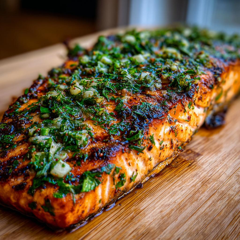 Close-up of a perfectly grilled cedar plank salmon fillet topped with fresh herbs and spices.