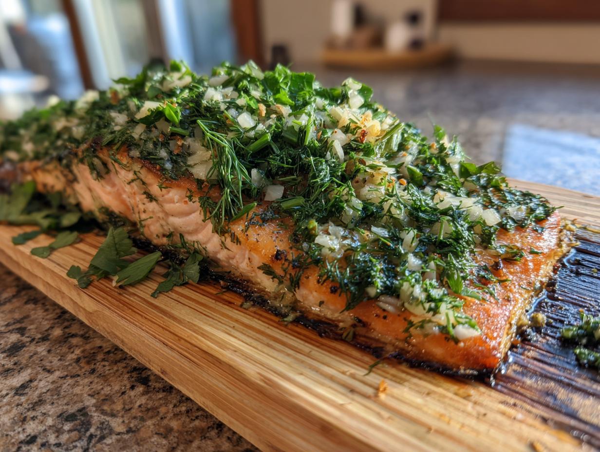 A whole cedar plank salmon topped with fresh herbs and chopped onions, ready for grilling.
