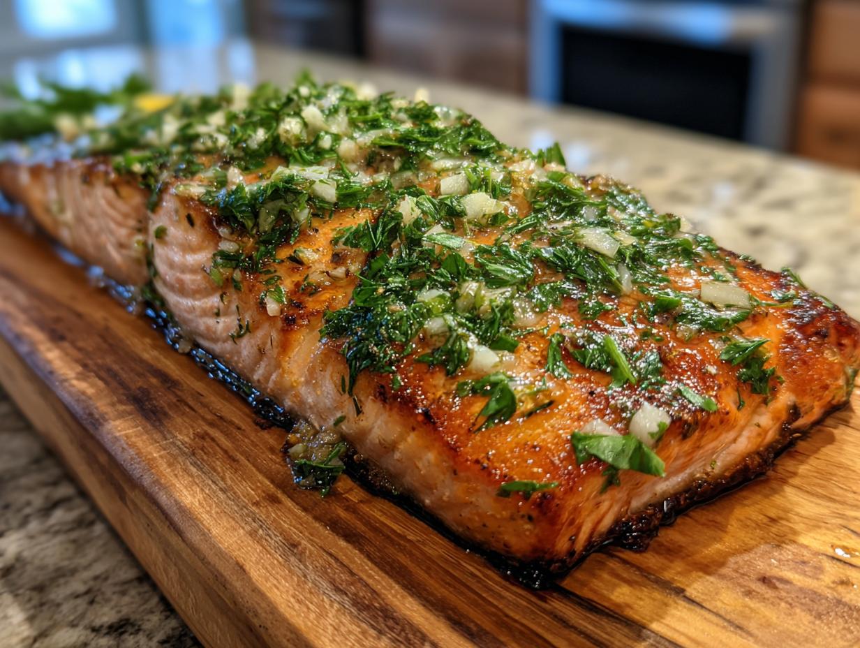 Close-up of a perfectly grilled cedar plank salmon fillet topped with fresh herbs and garlic.