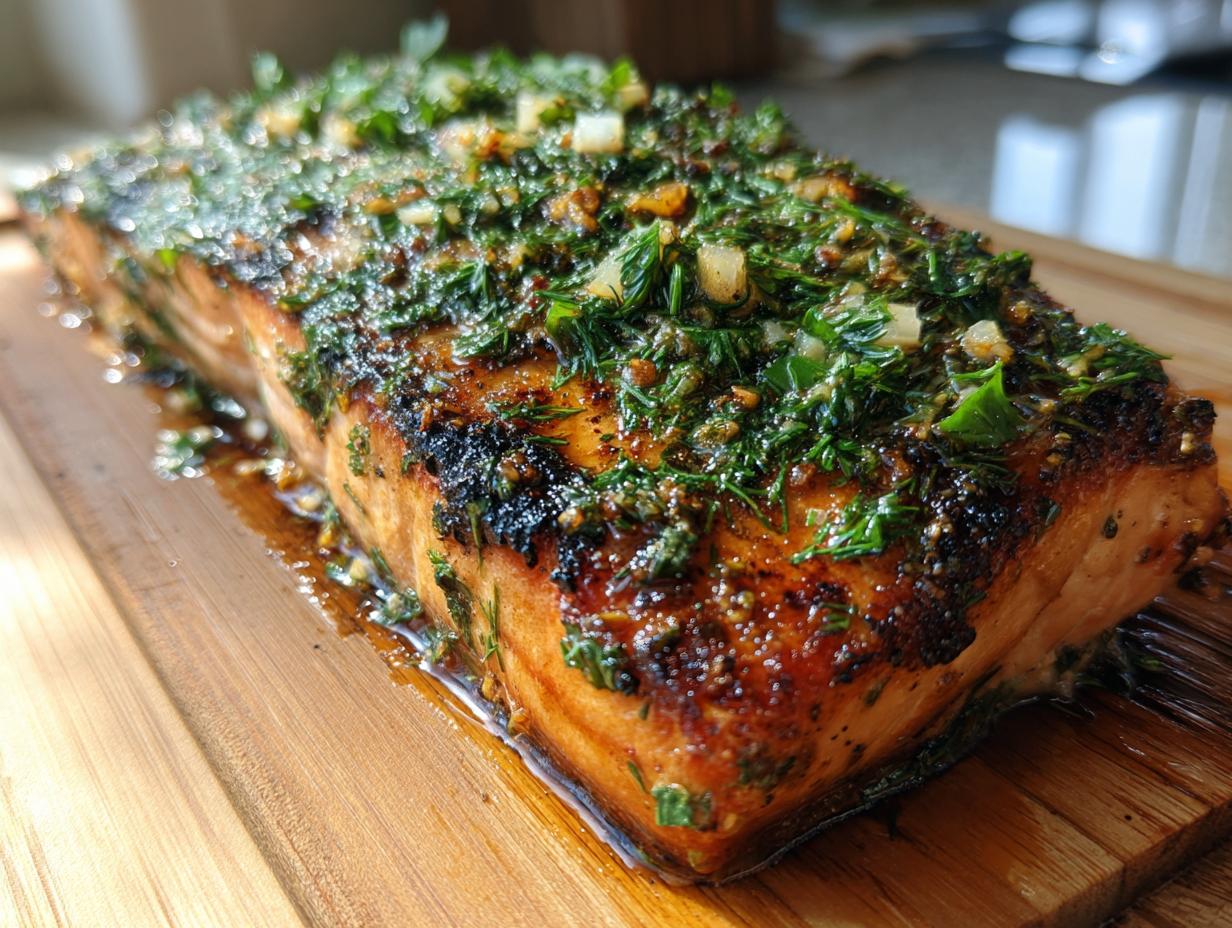 Close-up of a beautifully grilled cedar plank salmon fillet topped with fresh herbs and garlic.