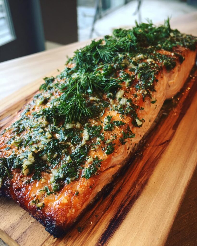 A beautifully grilled cedar plank salmon topped with fresh herbs and garlic.