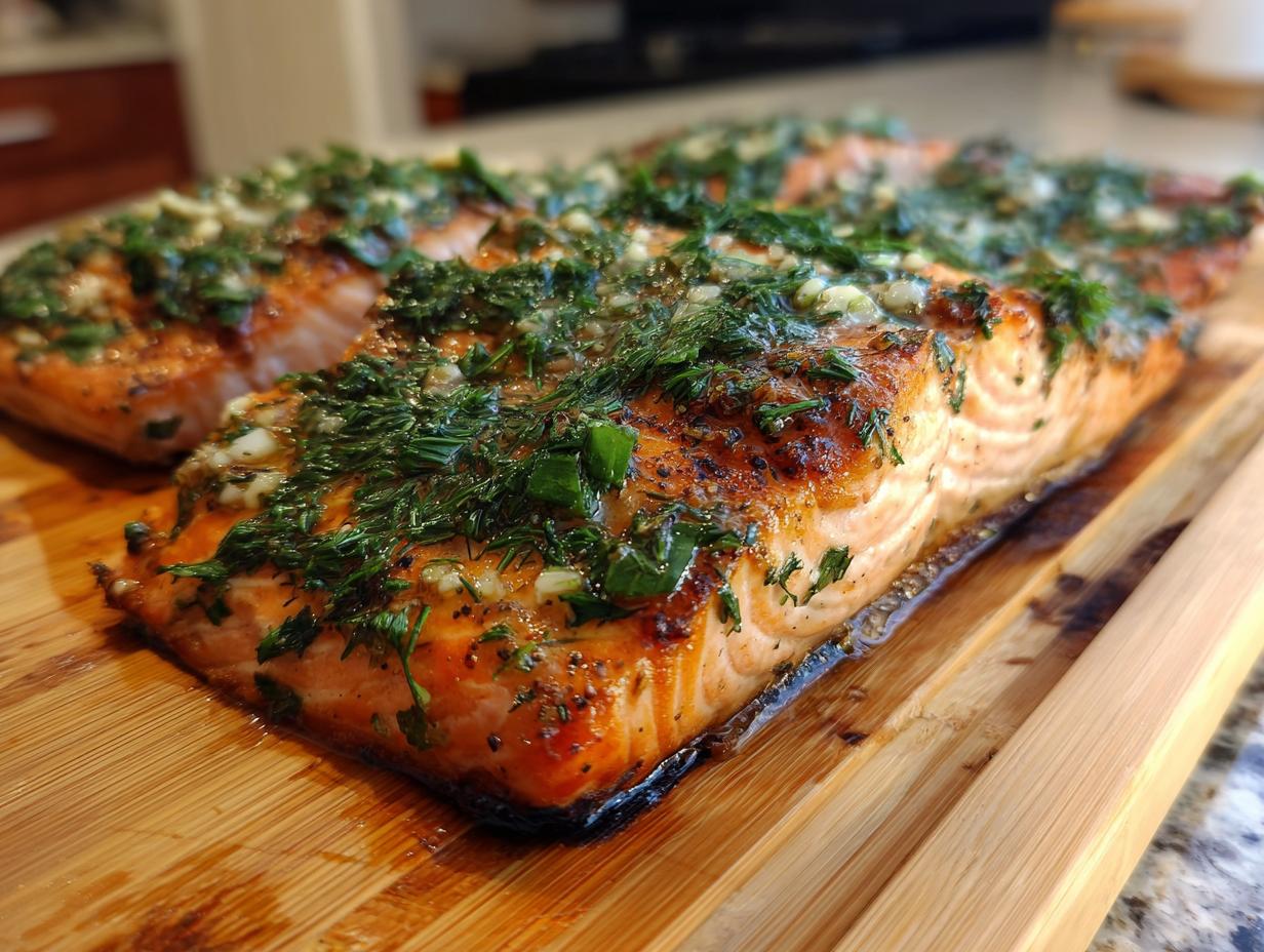 Close-up of grilled cedar plank salmon fillets topped with fresh herbs and garlic.