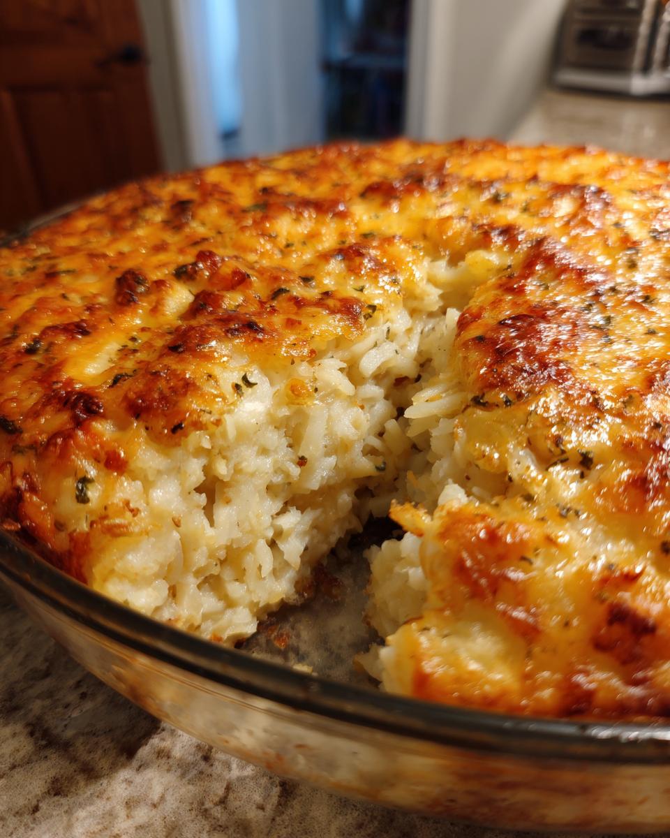 Close-up of a cheesy hash brown casserole in a glass dish, with a portion removed to show the fluffy interior.