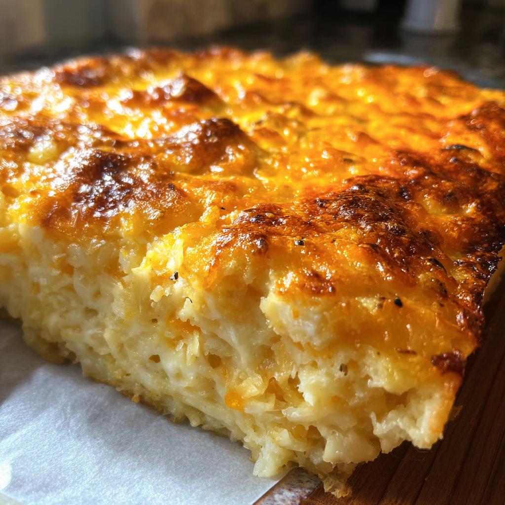 A close-up of a slice of cheesy hash brown casserole, showcasing the golden-brown melted cheese topping and fluffy interior.