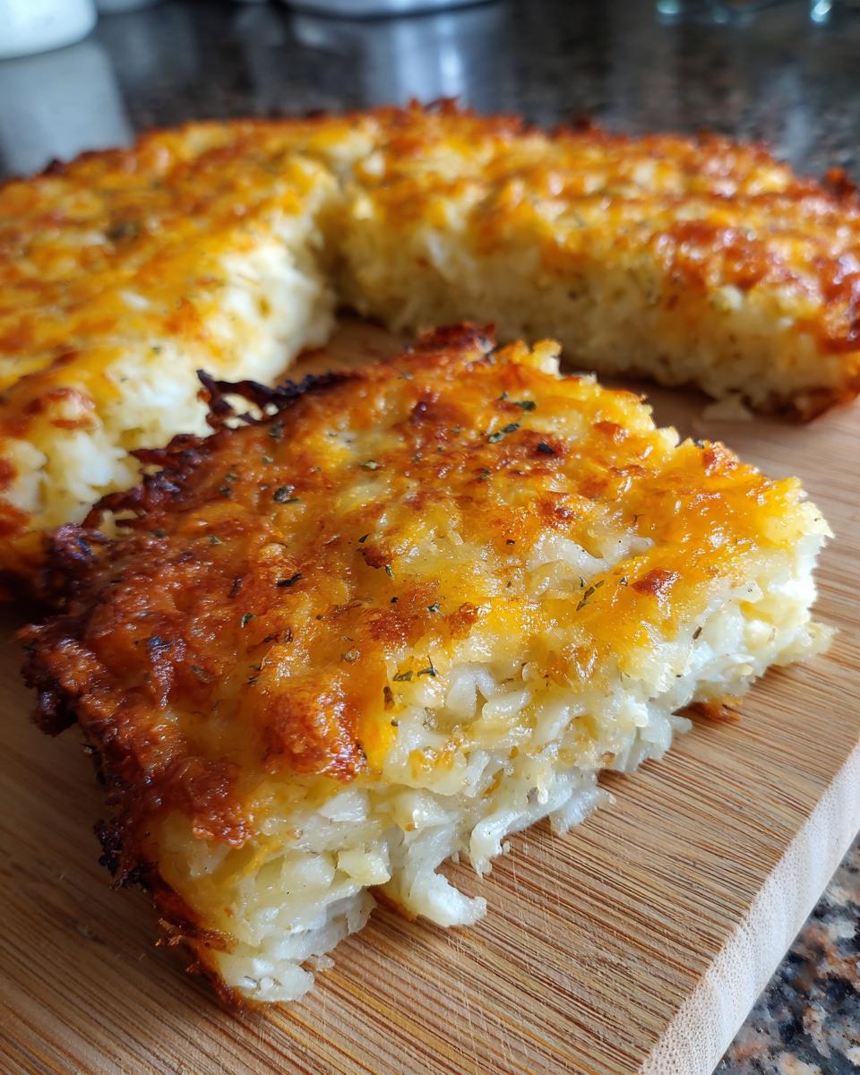 A slice of cheesy hash brown casserole with a golden-brown crust and melted cheese.