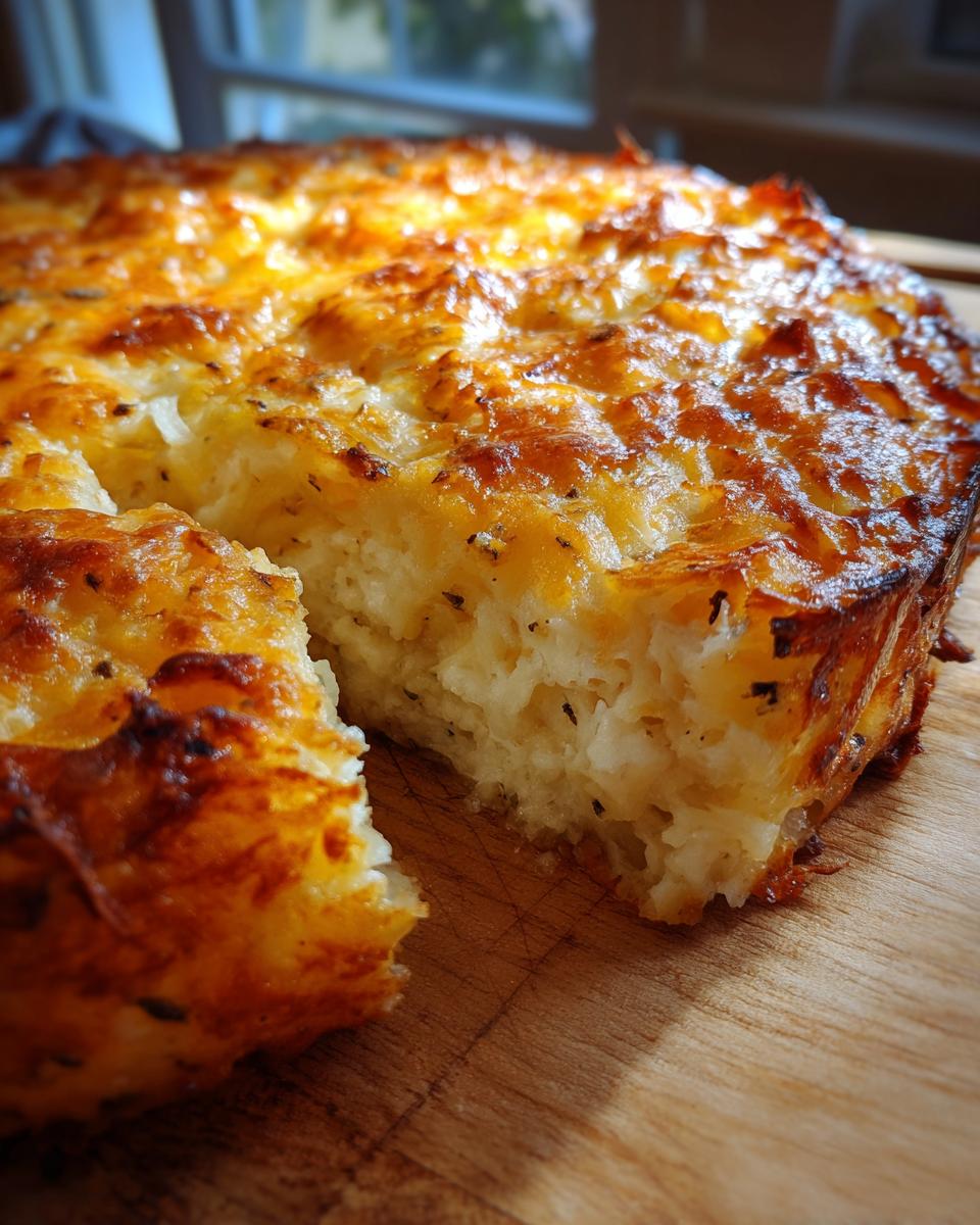 A slice of cheesy hash brown casserole with a golden-brown crust, showing the fluffy interior.