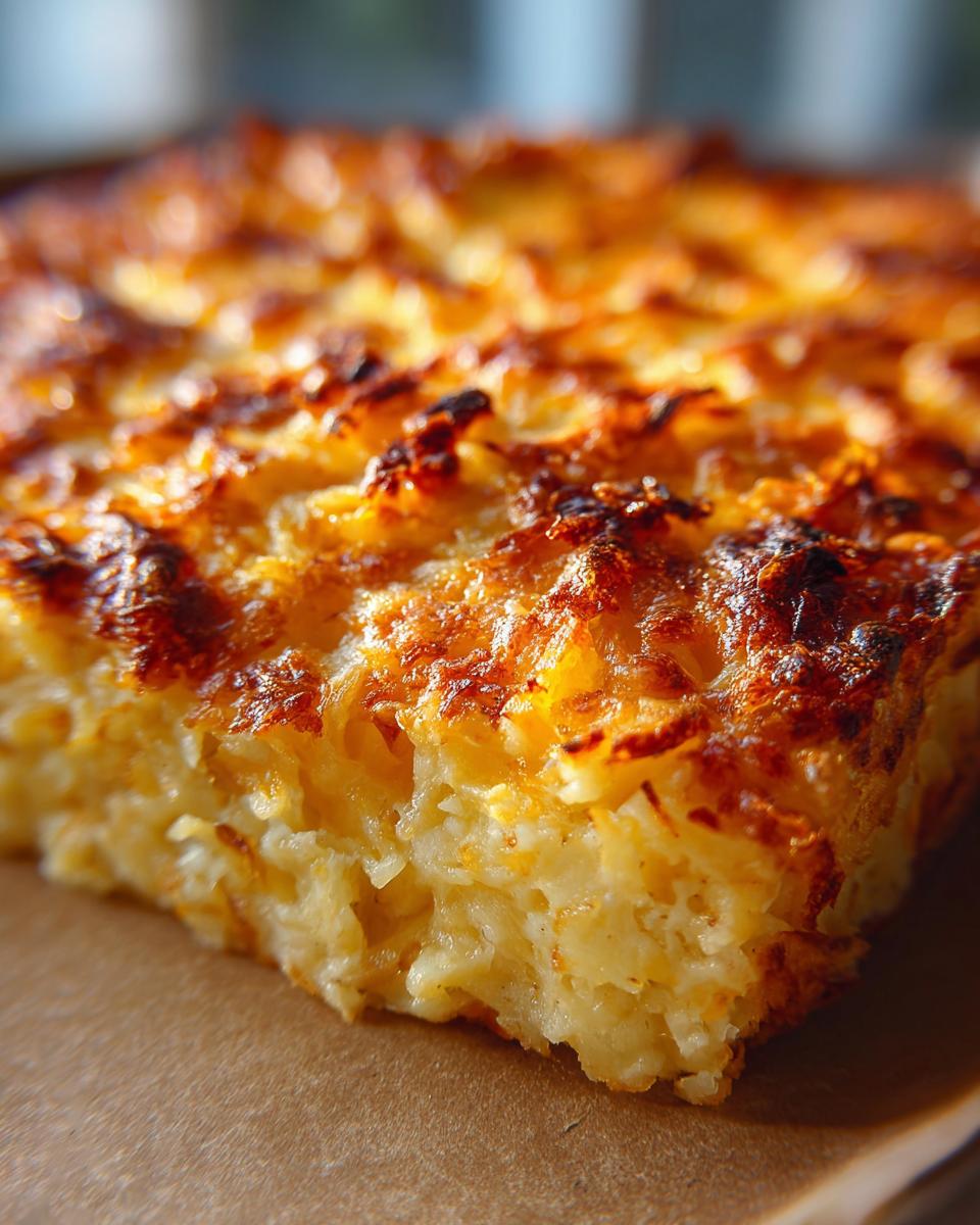 A close-up of a golden-brown slice of cheesy hash brown casserole, showing the crispy top and fluffy interior.