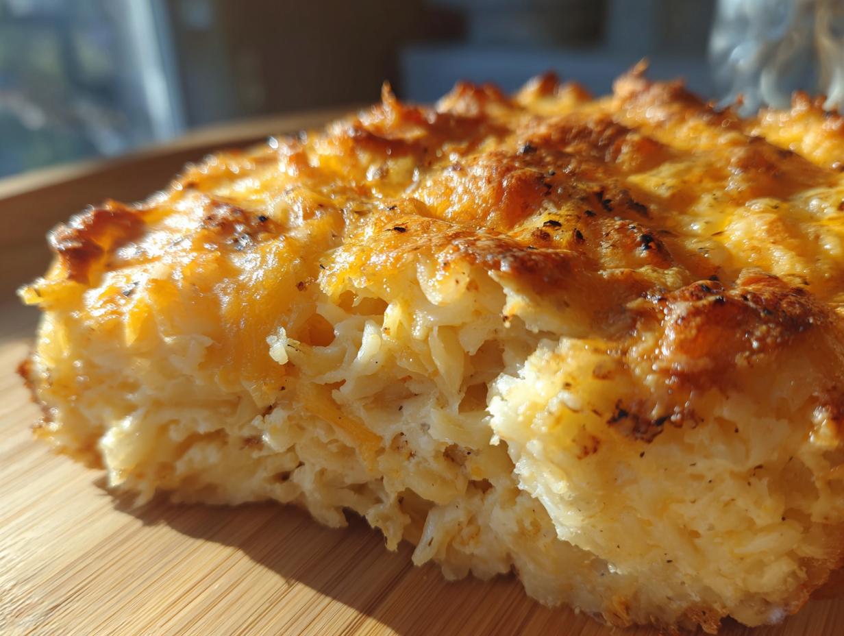A close-up of a cheesy hash brown casserole slice, showcasing the golden-brown cheesy topping and fluffy interior.