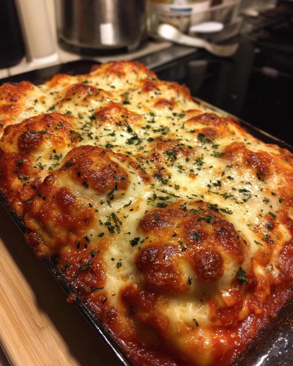 Close-up of a bubbly, cheesy ravioli bake fresh from the oven, topped with herbs.