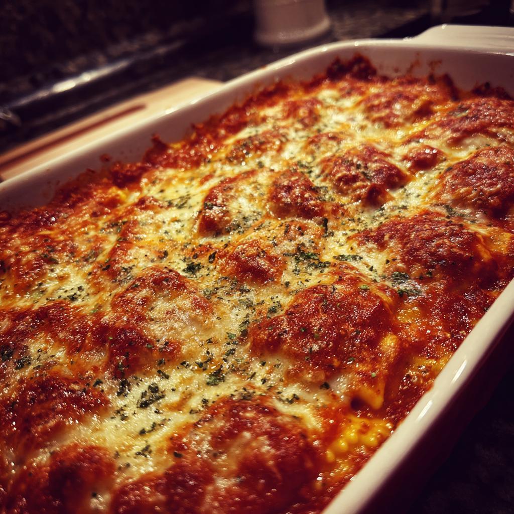 Golden brown cheesy ravioli bake fresh from the oven, topped with herbs.