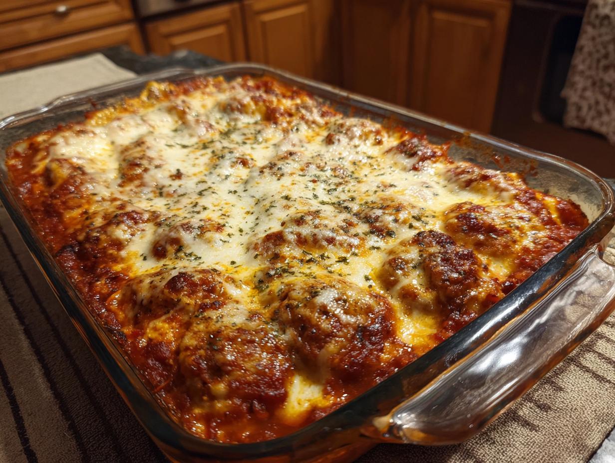 A bubbling Cheesy Ravioli Bake in a glass baking dish, topped with melted cheese and herbs.
